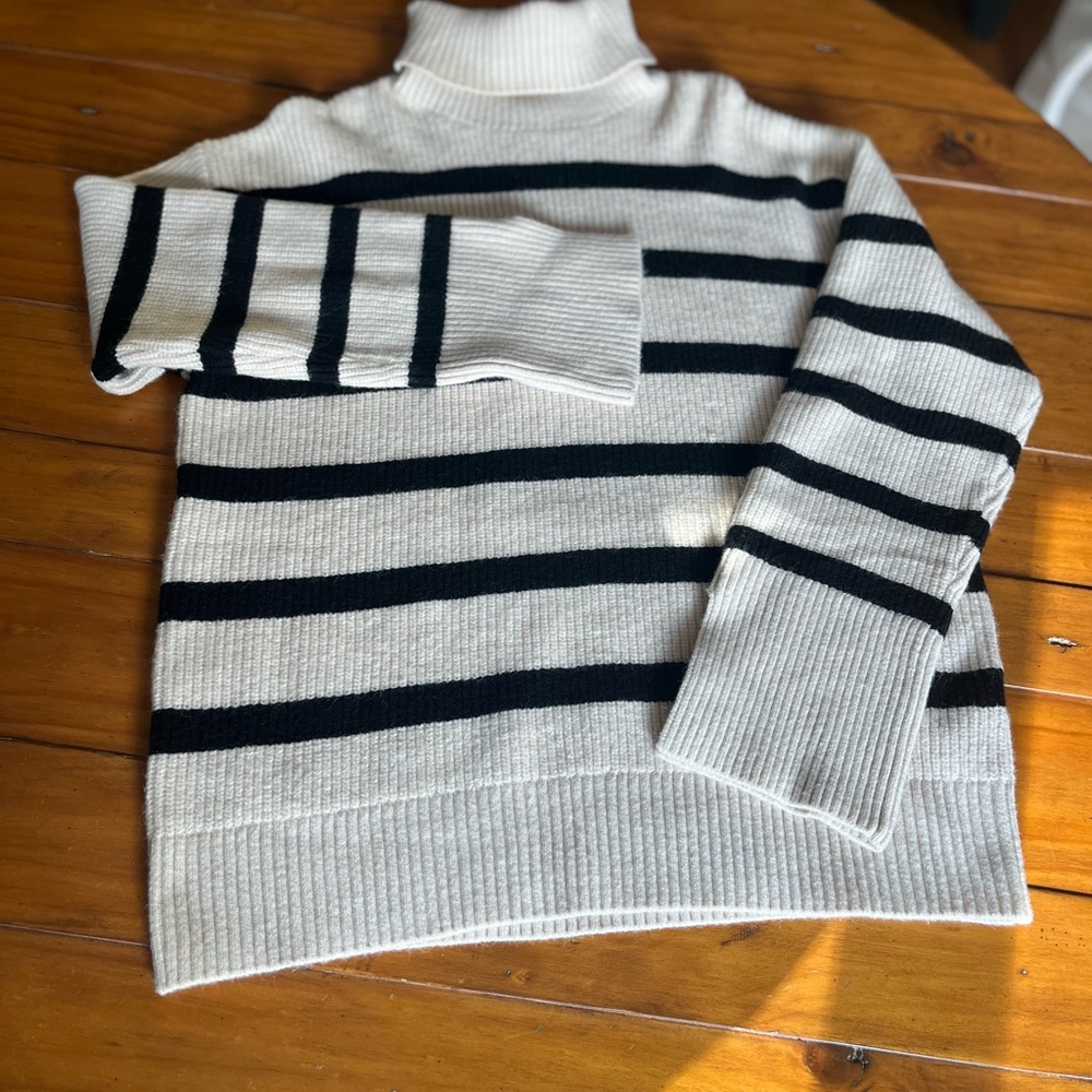 Zara Black and Cream Striped Turtleneck Sweater